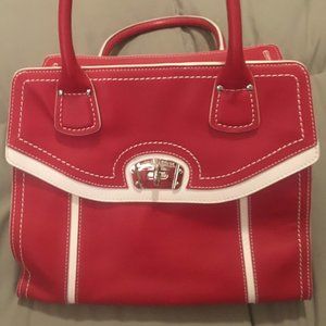 Henri Bendel pink with white trim leather top handle tote.
